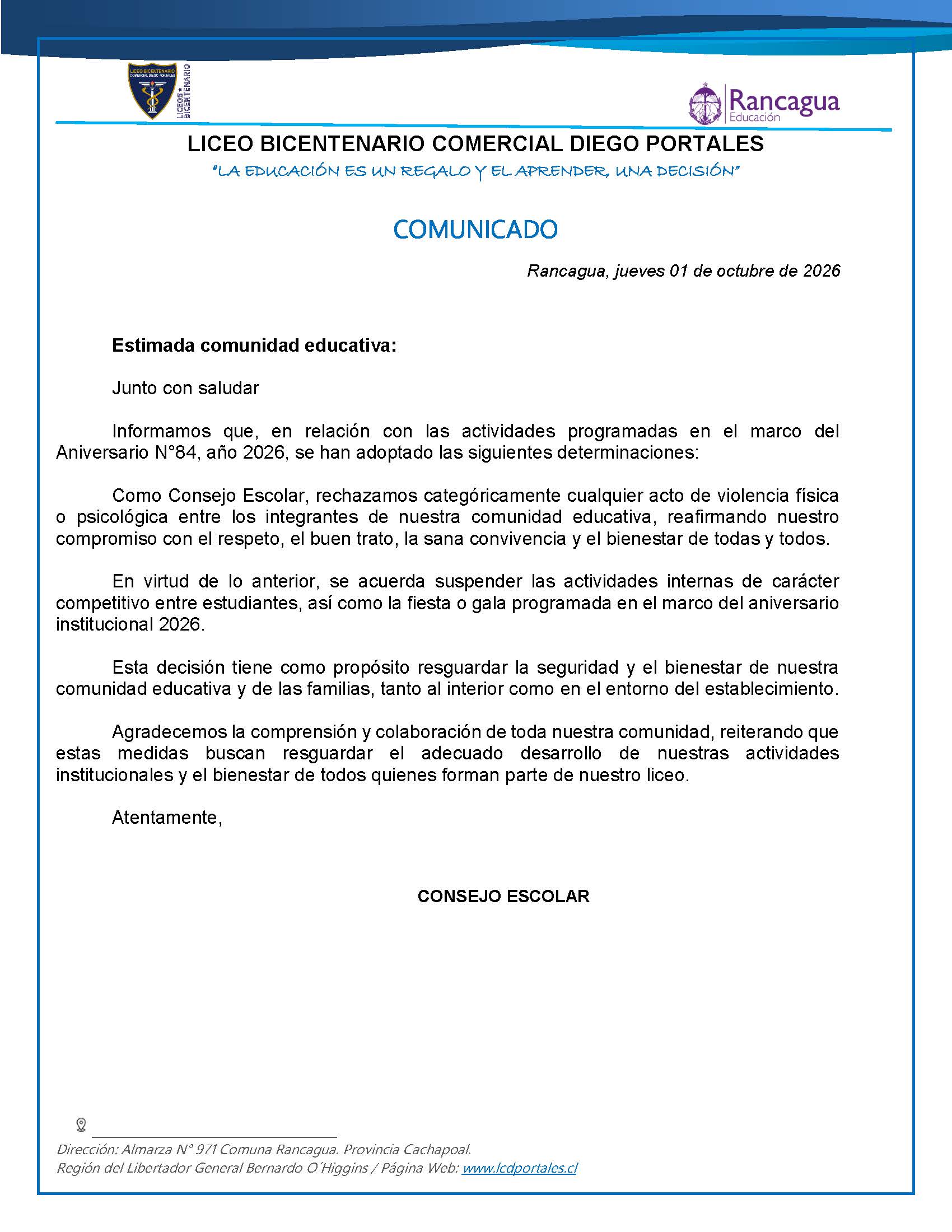 COMUNICADO ACTIVIDADES ANIVERSARIO Y GALA