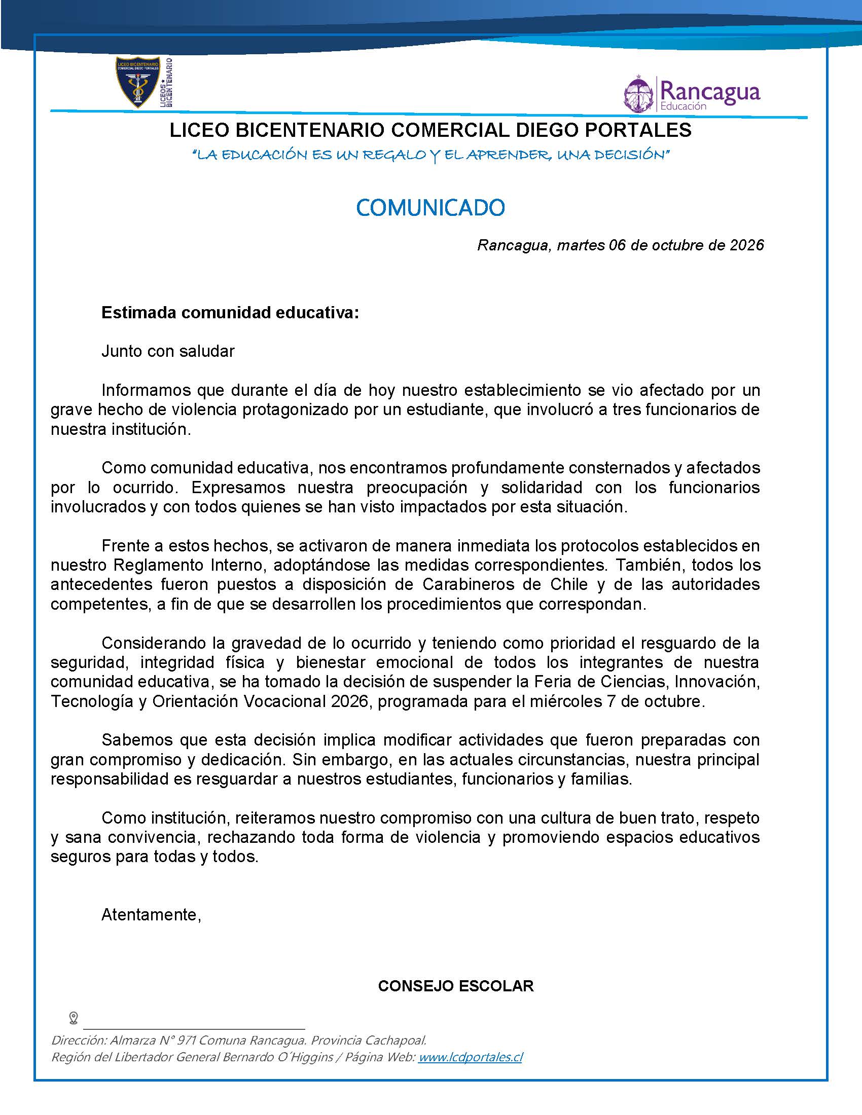 Comunicado hechos de violencia