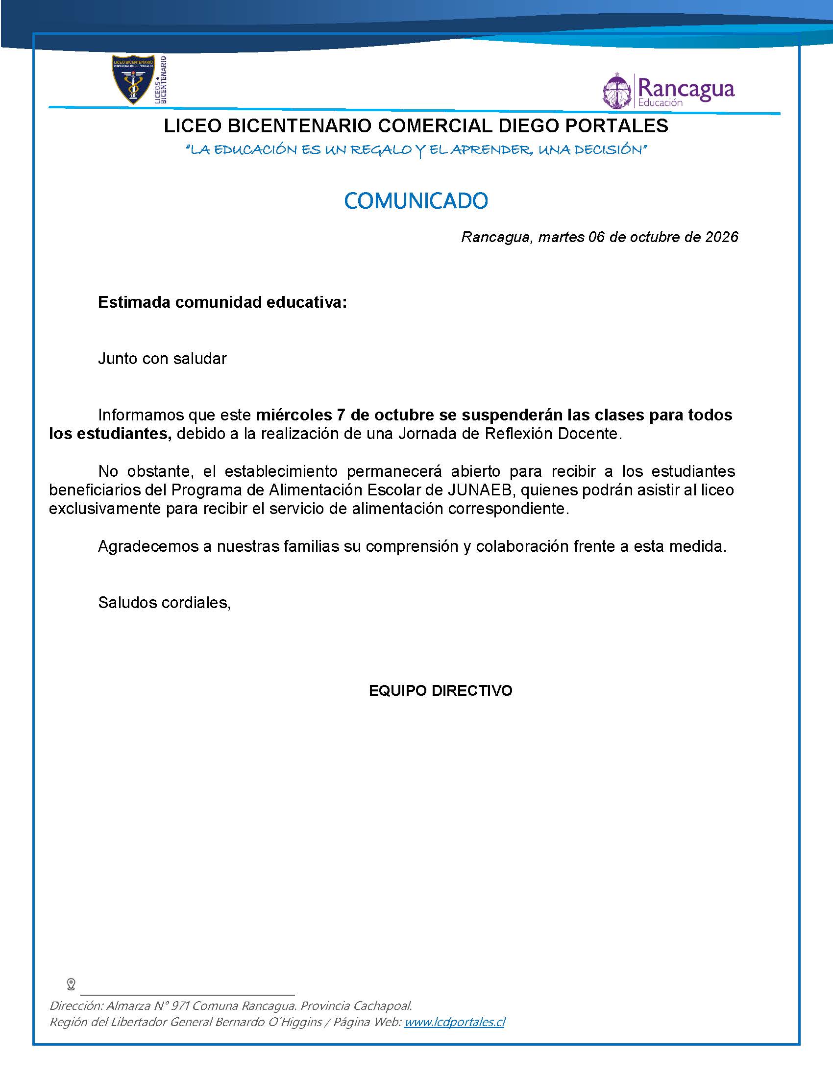Comunicado suspensión de clases
